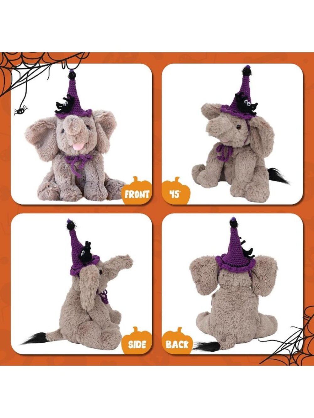 10" Halloween Gray Elephant Plush Witch Hat Soft Floppy Stuffed Animal - Picture 5 of 6